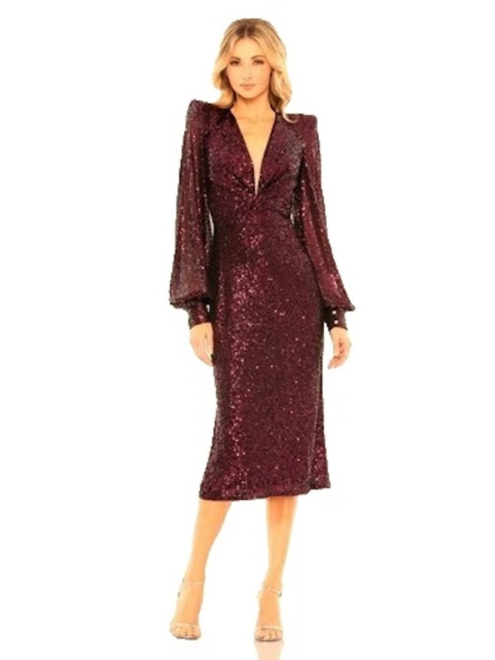 Ieena Mac Duggal Magenta Plunging Neck Bishop Sleeve Midi Dress